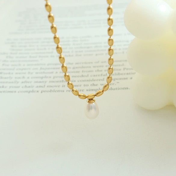 Jewelry 316L Stainless Steel Gold Plated Oval Bead Chain Freshwater Pearl Pendant Geometric Style