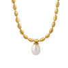 Jewelry 316L Stainless Steel Gold Plated Oval Bead Chain Freshwater Pearl Pendant Geometric Style