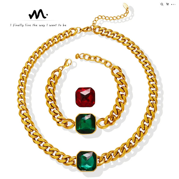 Jewelry 316L Stainless Steel Goldplated Exaggerated Crystal Necklace And Bracelet With Cuban Chain Electroplating Style