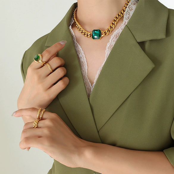 Jewelry 316L Stainless Steel Goldplated Exaggerated Crystal Necklace And Bracelet With Cuban Chain Electroplating Style