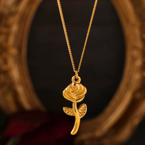 Jewelry 316L Stainless Steel Goldplated Geometric Threedimensional Rose Pendant Necklace