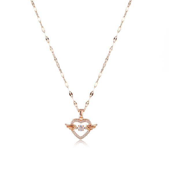 Jewelry Titanium Steel Heartshaped Angel Wings Necklace With Diamond Design