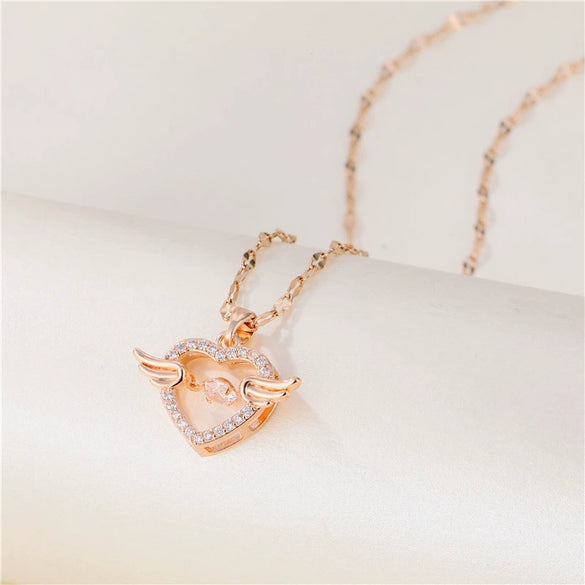 Jewelry Titanium Steel Heartshaped Angel Wings Necklace With Diamond Design