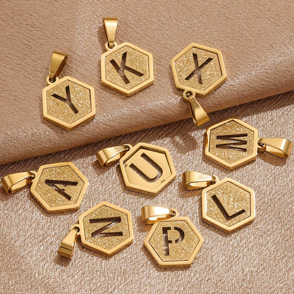 Jewelry Titanium Steel Hexagonal Square Pendants With Letters Numbers Text Electroplating Design