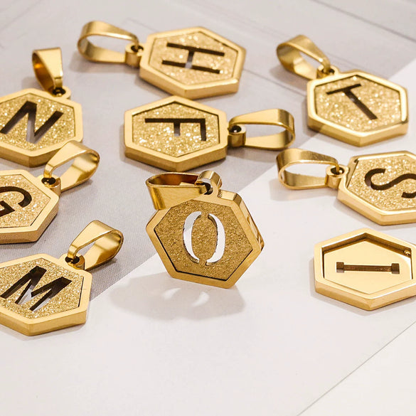 Jewelry Titanium Steel Hexagonal Square Pendants With Letters Numbers Text Electroplating Design