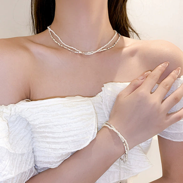 Jewelry Titanium Steel Imitation Pearl Black Stone Geometric Double Layer Necklace Bracelet Suit Electroplating