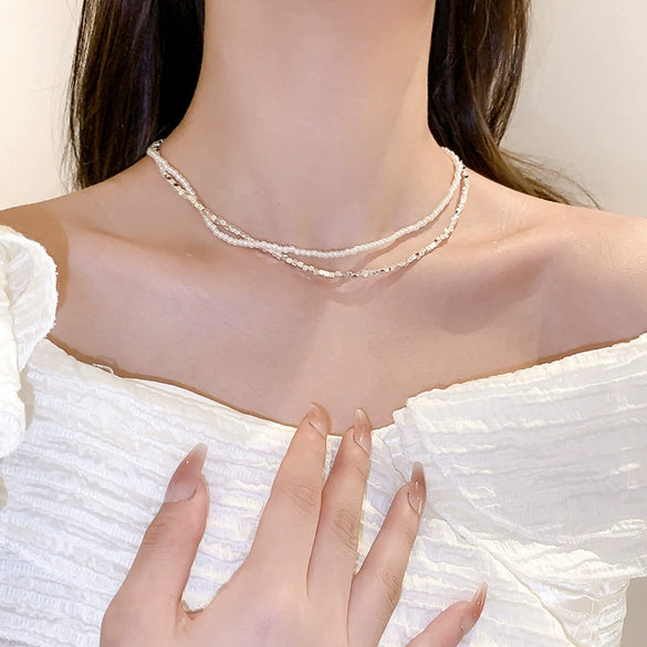 Jewelry Titanium Steel Imitation Pearl Black Stone Geometric Double Layer Necklace Bracelet Suit Electroplating
