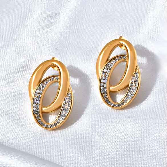 Jewelry Titanium Steel 18K Gold Plated Casting Oshaped Double Ring Buckle Micro Set Women's Earrings