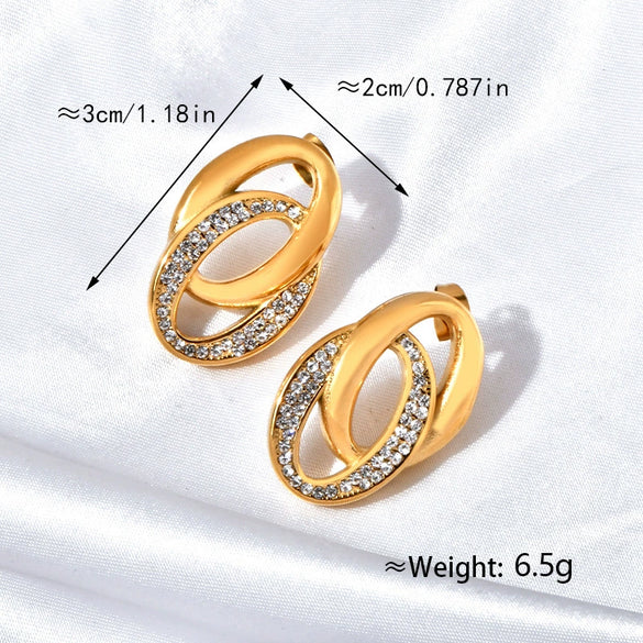 Jewelry Titanium Steel 18K Gold Plated Casting Oshaped Double Ring Buckle Micro Set Women's Earrings