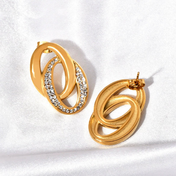 Jewelry Titanium Steel 18K Gold Plated Casting Oshaped Double Ring Buckle Micro Set Women's Earrings