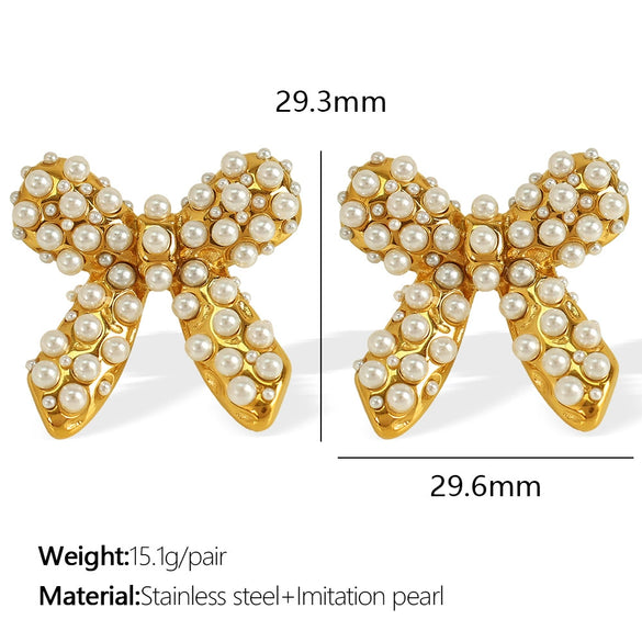 Jewelry 316L Stainless Steel 18K Gold Plated Pearl Zircon Bow Earrings Fashion Retro