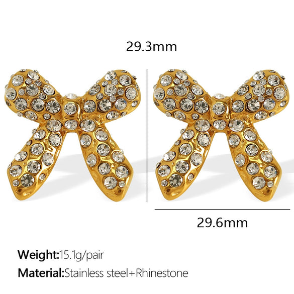 Jewelry 316L Stainless Steel 18K Gold Plated Pearl Zircon Bow Earrings Fashion Retro
