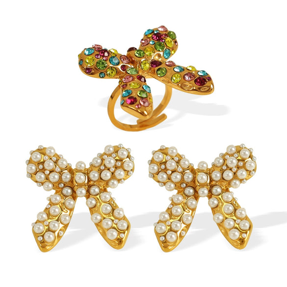 Jewelry 316L Stainless Steel 18K Gold Plated Pearl Zircon Bow Earrings Fashion Retro