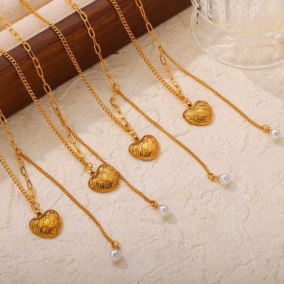 Jewelry 316L Stainless Steel Love Pendant Tassel Bead Necklace With Geometric Pattern And Carving Texture Electroplated