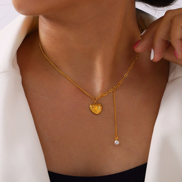 Jewelry 316L Stainless Steel Love Pendant Tassel Bead Necklace With Geometric Pattern And Carving Texture Electroplated
