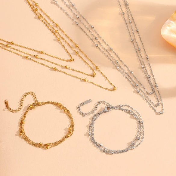 Jewelry Titanium Steel Multi Layer Clip Bead Chain Set With Diamonds Bamboo Chain Style For Women