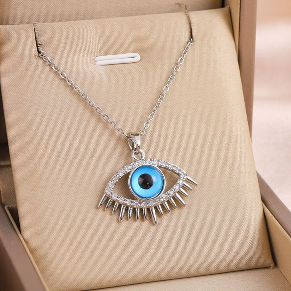 Jewelry Titanium Steel Ochain Devil's Eye Pendant Necklace Mixed Gem Inlay Geometric Electroplating