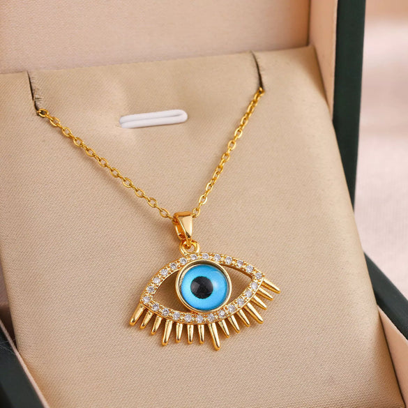 Jewelry Titanium Steel Ochain Devil's Eye Pendant Necklace Mixed Gem Inlay Geometric Electroplating