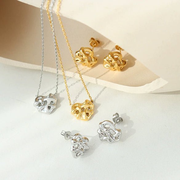 Jewelry 316L Stainless Steel Peach Heart Pendant Necklace And Earrings Wind Pattern 18K Gold Plated