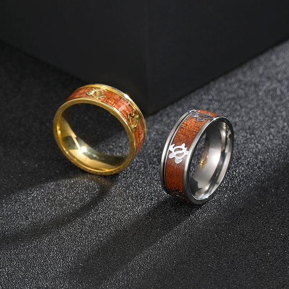 Jewelry Titanium Steel Ring Inlaid With Acacia Wood Grain Turtle Pattern Dripping Oil Unisex