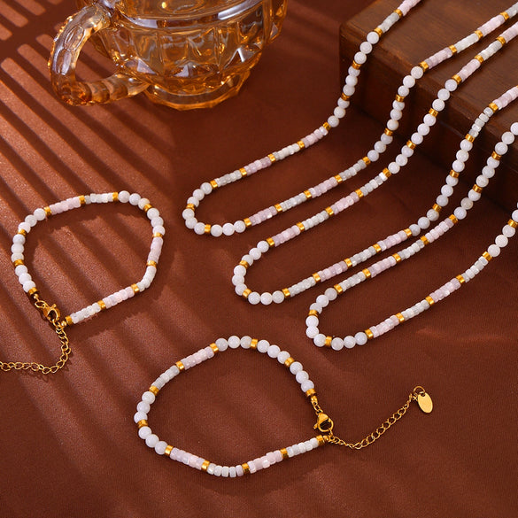 Jewelry 316L Stainless Steel Shell Beaded Niche Style Electroplated Bracelet And Necklace Set
