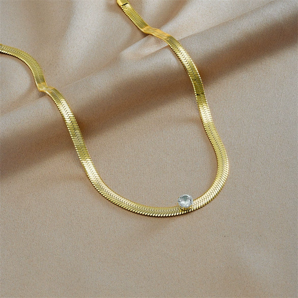 Jewelry Titanium Steel Snake Bone Chain Necklace With Rhinestone And Geometric Design Electroplated