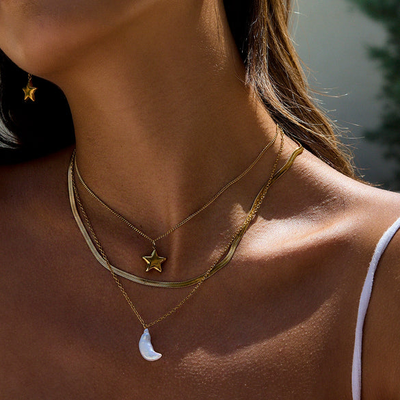 Jewelry Titanium Steel Stainless Steel Multilayer Necklace And Earrings With Stars Moon Electroplating Minimalist Style