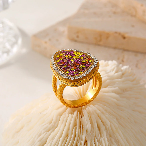 Jewelry Titanium Steel Water Drops Geometric Pvd Plated True Gold Fashion Ring