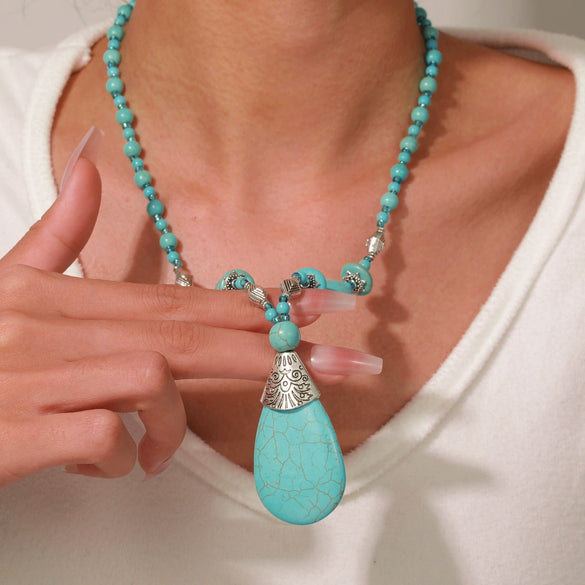 Jewelry Turquoise Beaded Necklace Pine Stone Alloy Geometric Handmade