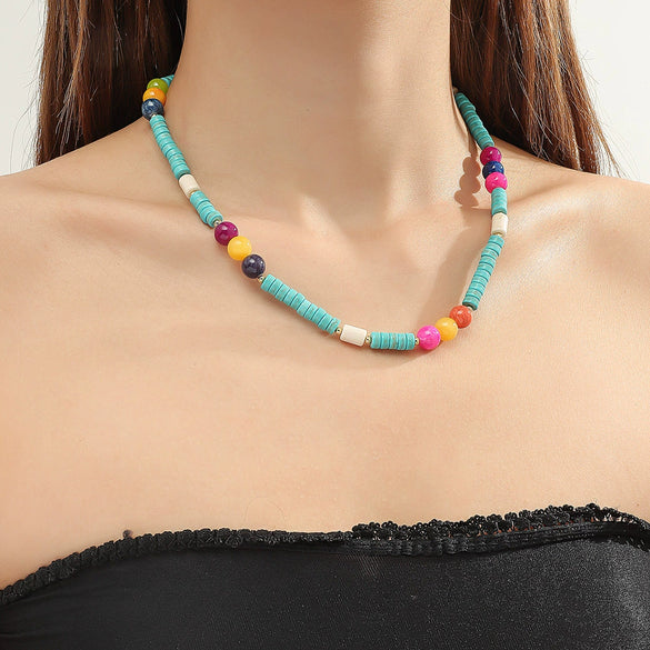 Jewelry Turquoise Pearl Handmade Geometric Pendant Ball Chain Necklace For Women
