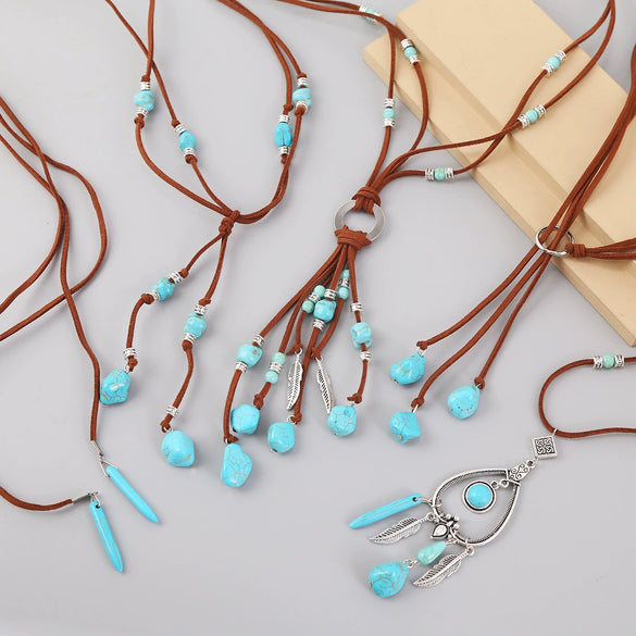 Jewelry Turquoise Pendant Geometric Retro Electroplated Long Regular Chain For Women