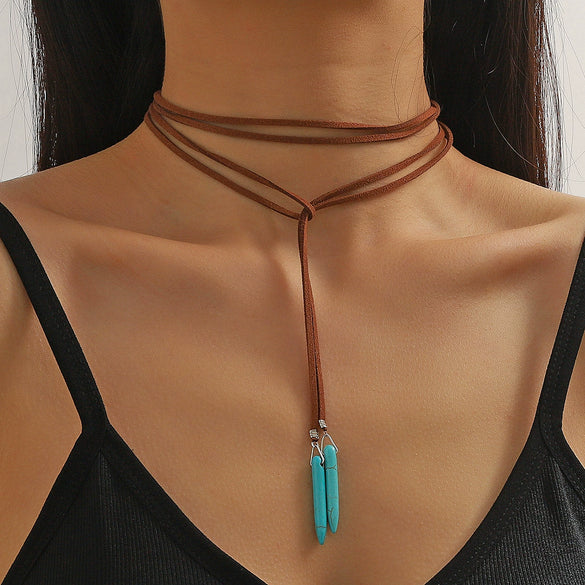 Jewelry Turquoise Pendant Geometric Retro Electroplated Long Regular Chain For Women