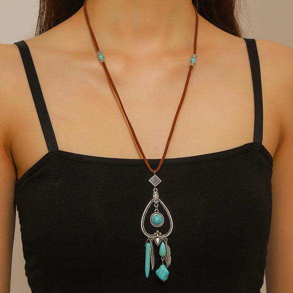 Jewelry Turquoise Pendant Geometric Retro Electroplated Long Regular Chain For Women