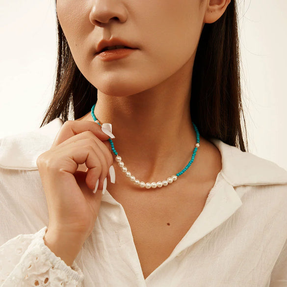 Jewelry Turquoise S925 Sterling Silver Geometric Baroque Necklace Electroplated