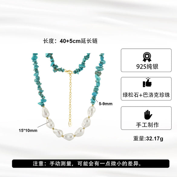 Jewelry Turquoise S925 Sterling Silver Geometric Baroque Necklace Electroplated