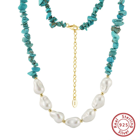 Jewelry Turquoise S925 Sterling Silver Geometric Baroque Necklace Electroplated