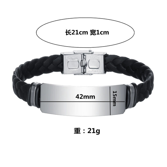 Jewelry Twist Woven Leather Stainless Steel Bracelet Engraved Electroplated