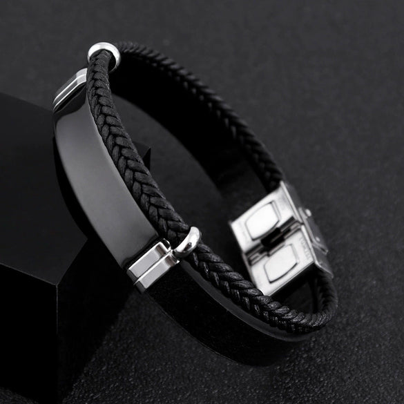 Jewelry Twist Woven Leather Stainless Steel Bracelet Engraved Electroplated