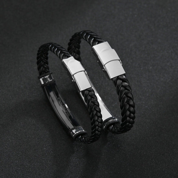 Jewelry Twist Woven Leather Stainless Steel Bracelet Engraved Electroplated