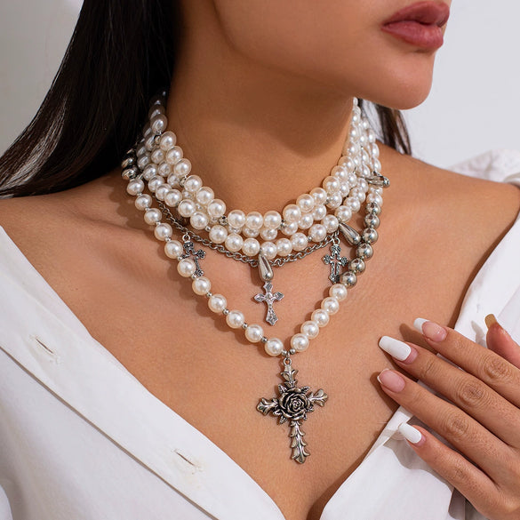 Jewelry Vintage Baroque Clavicle Chain Imitation Pearl Alloy Geometric Electroplating