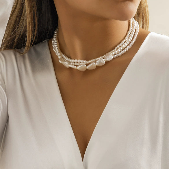 Jewelry Vintage Imitation Pearl Overlapped Woven Baroque Geometric Plastic Resin Handmade Necklace