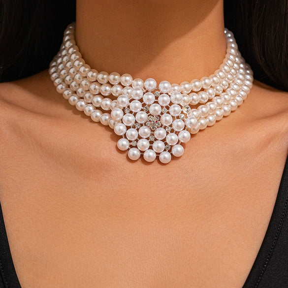 Jewelry Vintage Stitching Multi Layer Imitation Pearl Necklace Geometric Style Electroplated For Women