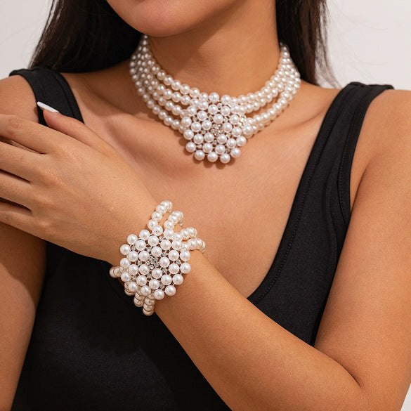 Jewelry Vintage Stitching Multi Layer Imitation Pearl Necklace Geometric Style Electroplated For Women