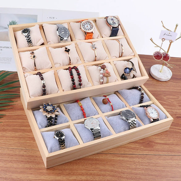 Jewelry Watch Bracelet Display Tray Wooden Frame Velvet Log Material 12 Grid Plate Artistic Style