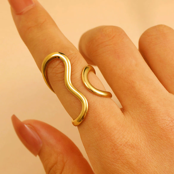 Jewelry Water Wave Open Hydraulic Ring Titanium Steel Color Block Geometric Electroplated Unisex