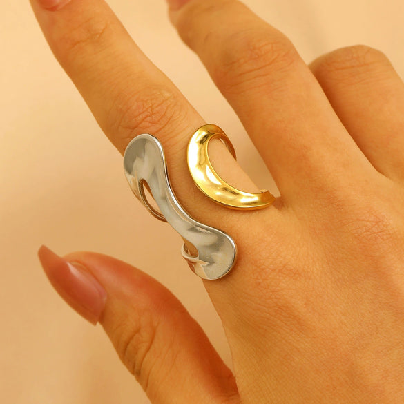 Jewelry Water Wave Open Hydraulic Ring Titanium Steel Color Block Geometric Electroplated Unisex