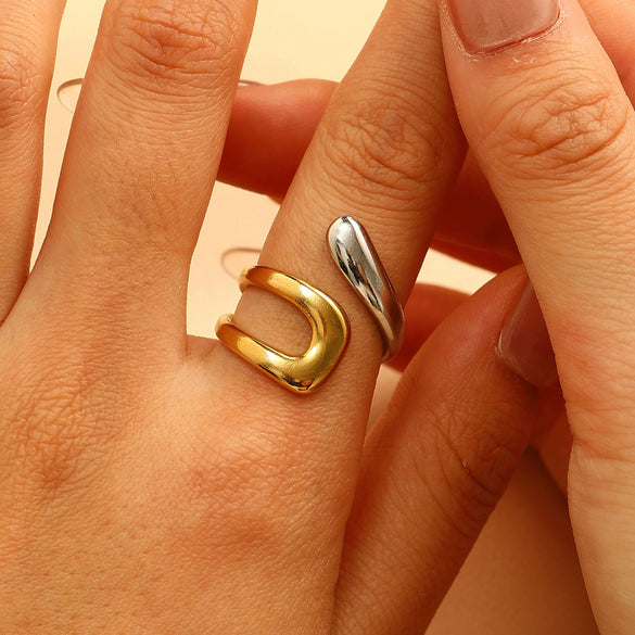 Jewelry Water Wave Open Hydraulic Ring Titanium Steel Color Block Geometric Electroplated Unisex