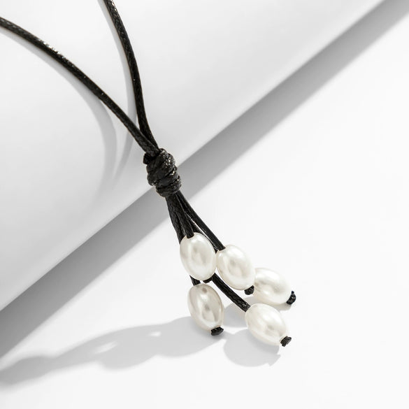 Jewelry Wax Line Geometric Imitation Pearl Tassel Pendant Necklace For Women Handmade