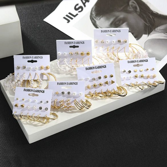 Jewelry White Pearl Geometric Star Rhinestone Metal Earrings Set With Heart Design