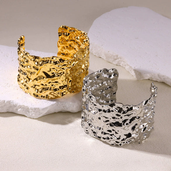 Jewelry Wide Bracelet Iron Gold Platinum Steel Color Geometric Electroplated Irregular Texture Open Fashion Personality